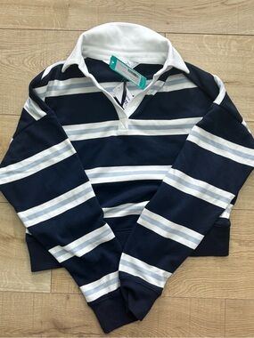 NWT Navy & White Striped Cropped Rugby Shirt with Collar Preppy Polo for Women